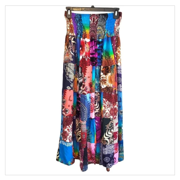 Arisa Patchwork Boho Maxi Skirt Smocked Waist Festival - Picture 3 of 6